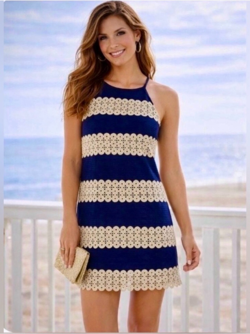 Lilly Pulitzer Navy and Cream Striped Crochet-Trim Halter Mini Dress